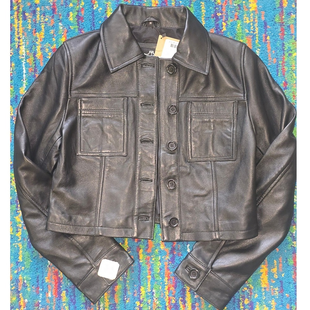 NWT Decrum Mable Cropped Lamb Leather Jacket Black Button Front Women Size M